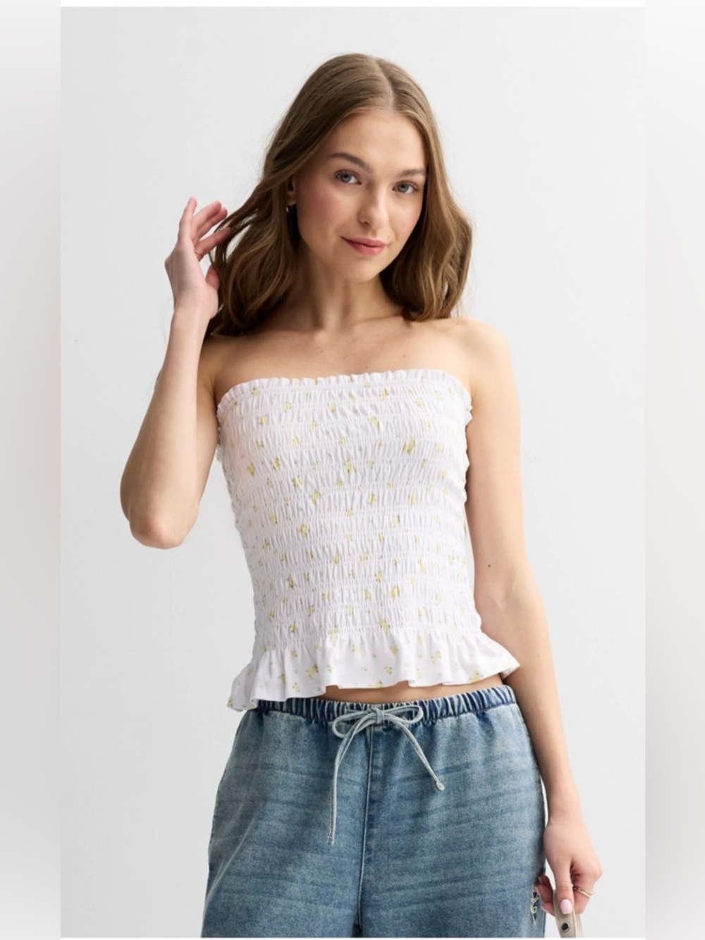 Pink Republic Textured Tube Top with Yellow flower Print